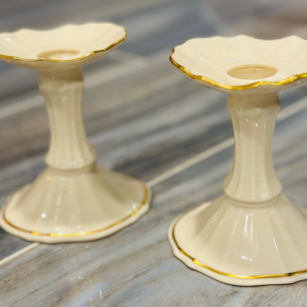 Lenox Set of 2 “Symphony Candlestick” Taper Candle Holders USA 24KT Trim